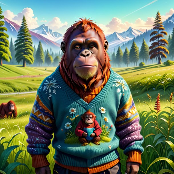 Illustration of a orangutan in a sweater in the meadow
