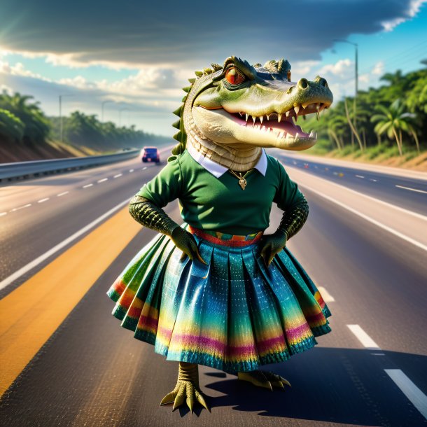 Image of a crocodile in a skirt on the highway