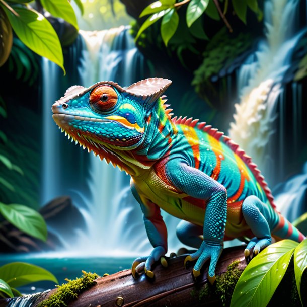 Picture of a chameleon in a belt in the waterfall