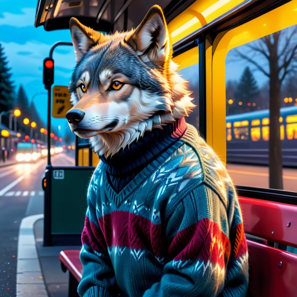 Image of a wolf in a sweater on the bus stop