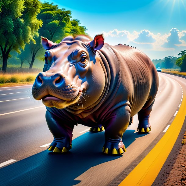 Photo of a hippopotamus in a shoes on the highway