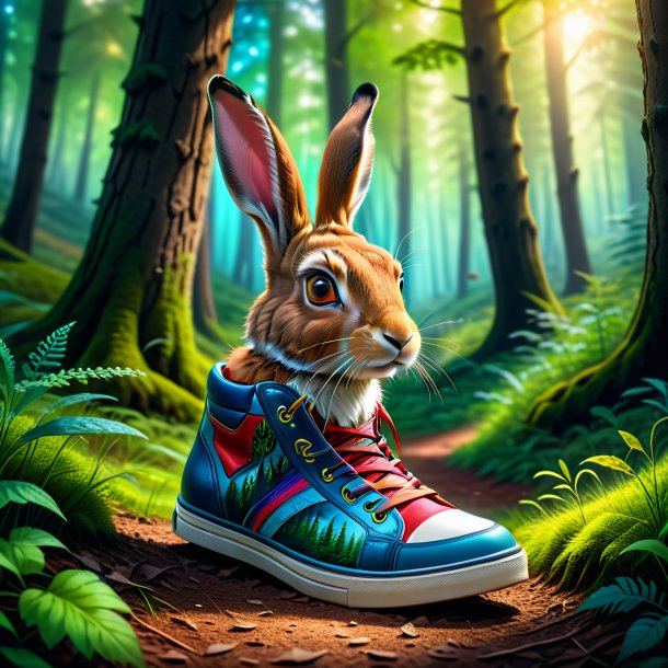 Drawing of a hare in a shoes in the forest
