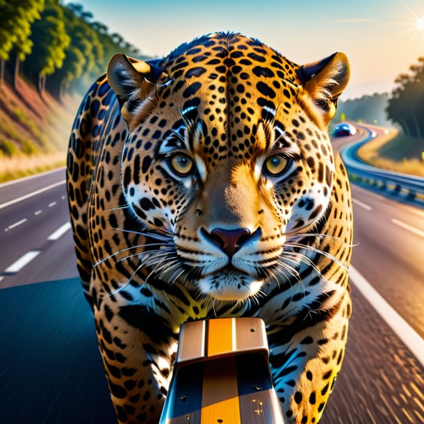 Picture of a jaguar in a belt on the highway