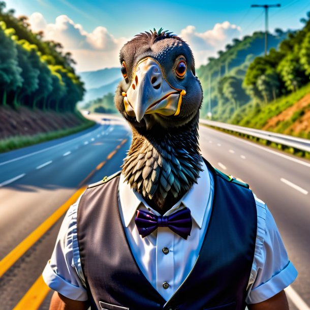 Photo of a dodo in a vest on the highway