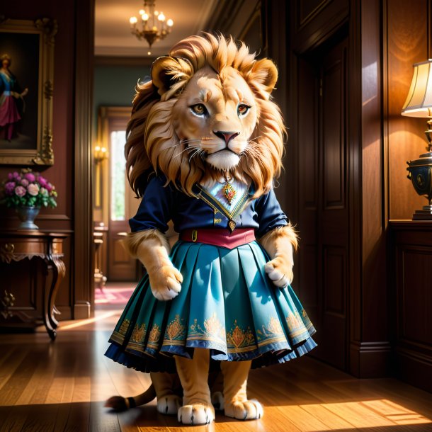Picture of a lion in a skirt in the house