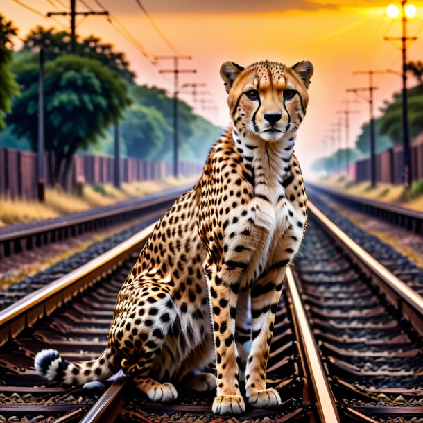 Pic of a cheetah in a dress on the railway tracks
