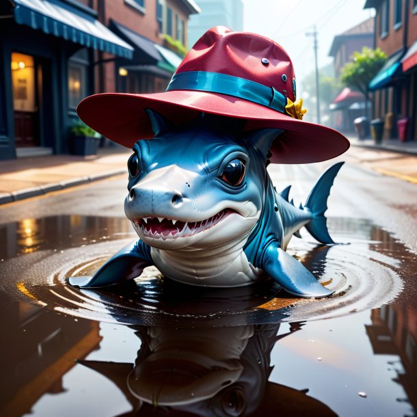 Drawing of a hammerhead shark in a hat in the puddle