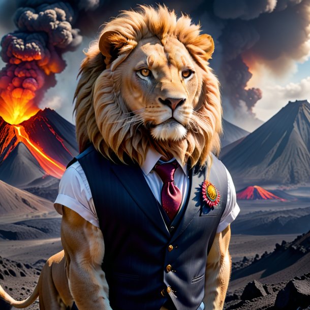 Photo of a lion in a vest in the volcano