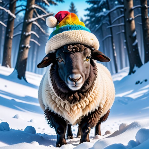 Picture of a sheep in a hat in the snow