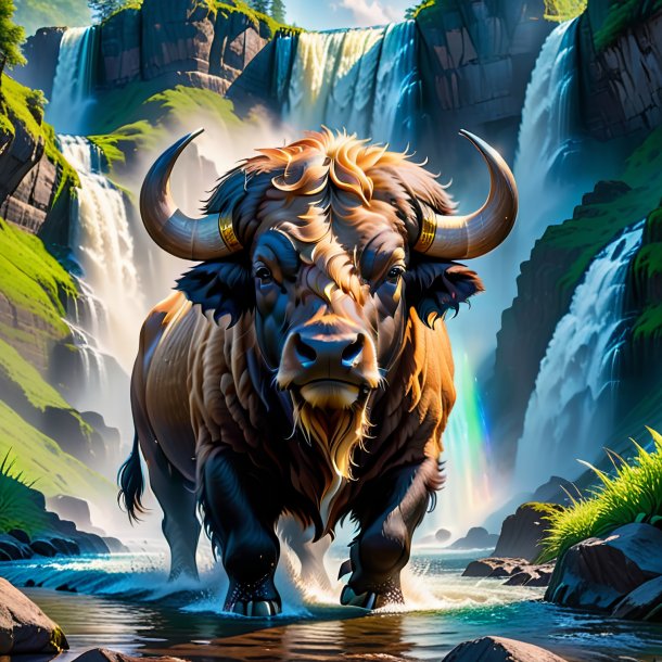 Image of a buffalo in a belt in the waterfall