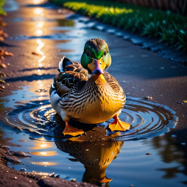 Photo of a playing of a duck in the puddle