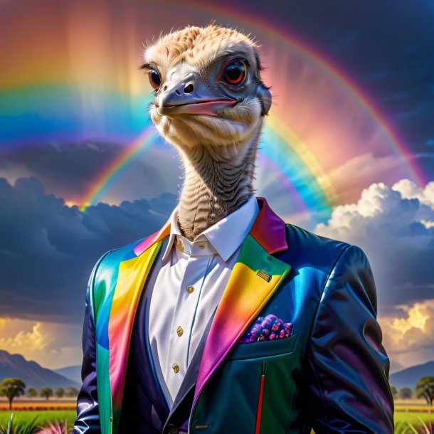 Picture of a ostrich in a jacket on the rainbow