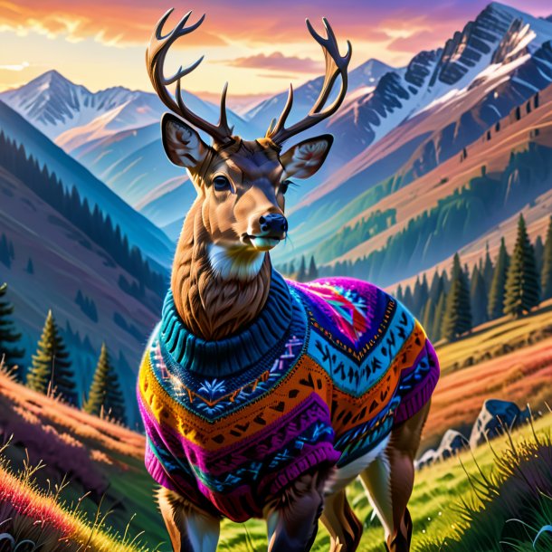 Pic of a deer in a sweater in the mountains