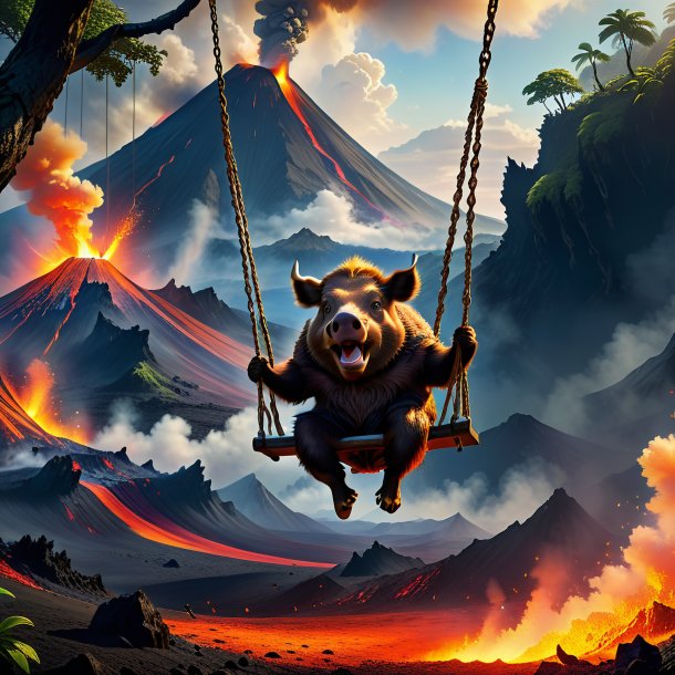 Image of a swinging on a swing of a boar in the volcano