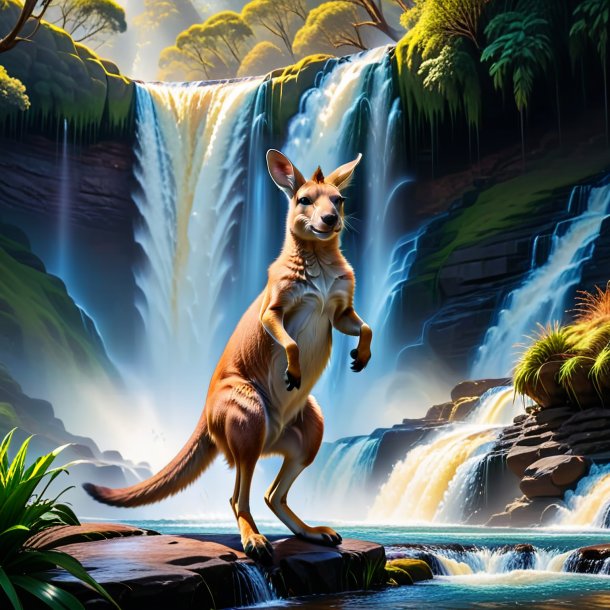 Photo of a dancing of a kangaroo in the waterfall