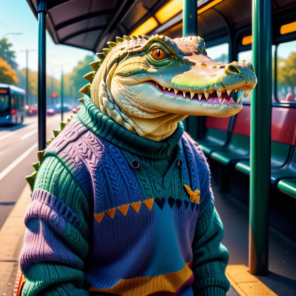 Illustration d'un crocodile dans un pull à l'arrêt de bus