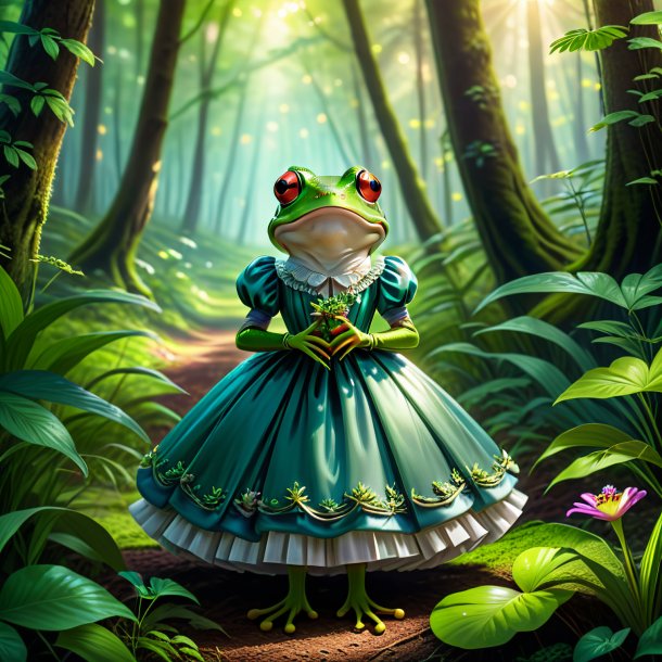 Illustration of a frog in a dress in the forest