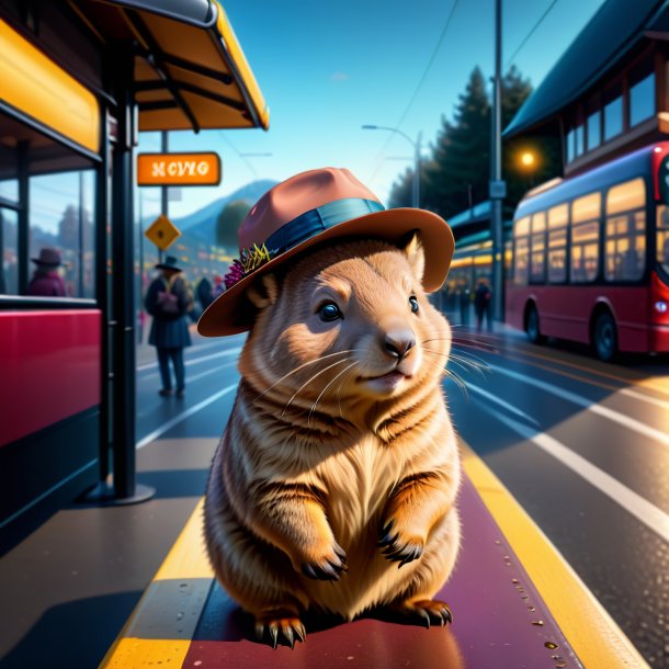 Drawing of a wombat in a hat on the bus stop