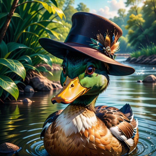 Ilustración de un pato en un sombrero en el río