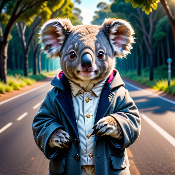 Picture of a koala in a coat on the road