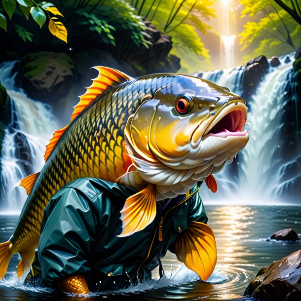 Image of a carp in a jacket in the waterfall