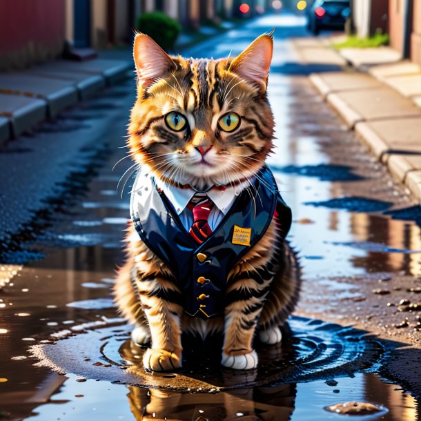 Image of a cat in a vest in the puddle