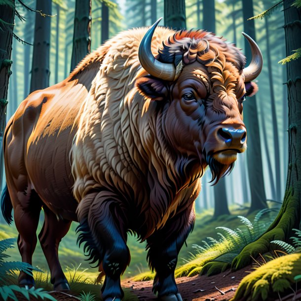 Illustration of a bison in a coat in the forest