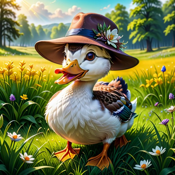 Illustration of a duck in a hat in the meadow