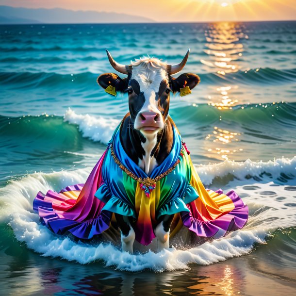 Image of a cow in a dress in the sea