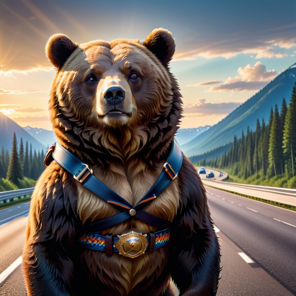 Picture of a bear in a belt on the highway