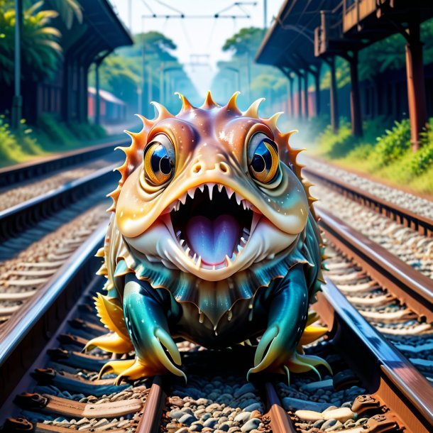 Image of a crying of a cuttlefish on the railway tracks