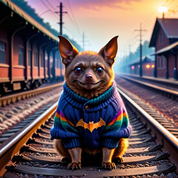 Picture of a bat in a sweater on the railway tracks