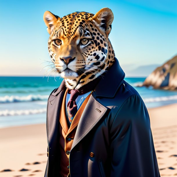 Image of a jaguar in a coat on the beach