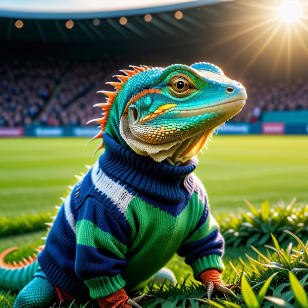 Foto de um lagarto em um suéter no campo