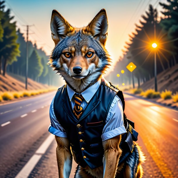 Picture of a jackal in a vest on the road