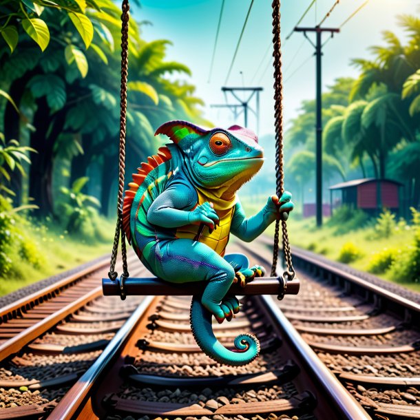 Photo of a swinging on a swing of a chameleon on the railway tracks