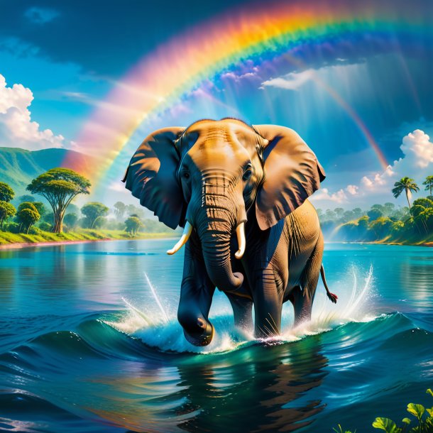 Image of a swimming of a elephant on the rainbow