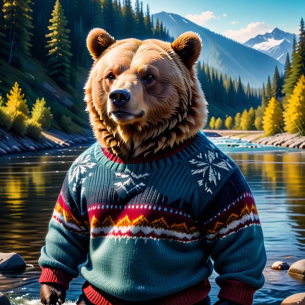 Picture of a bear in a sweater in the river