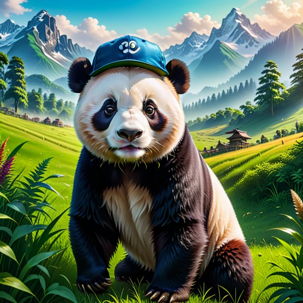 Imagem de um panda gigante em um boné no prado