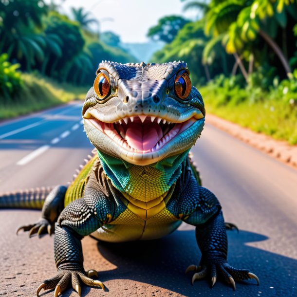 Foto de una sonrisa de un monitor lagarto en el camino