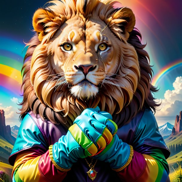 Picture of a lion in a gloves on the rainbow