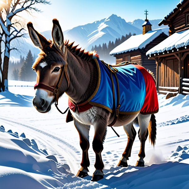 Illustration of a donkey in a coat in the snow