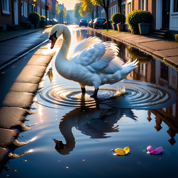 Photo of a swan in a skirt in the puddle