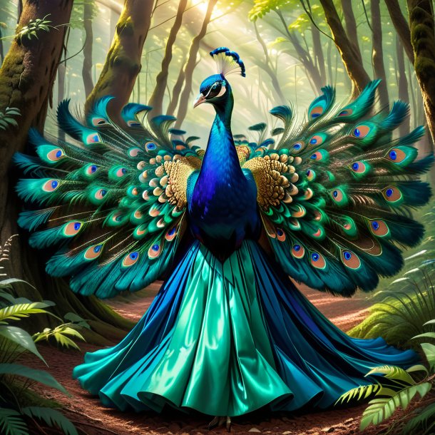 Imagen de un pavo real en un vestido en el bosque