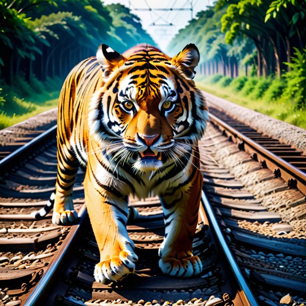 Foto de una comida de un tigre en las vías del tren