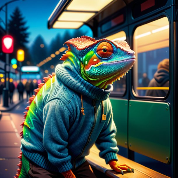 Illustration of a chameleon in a sweater on the bus stop