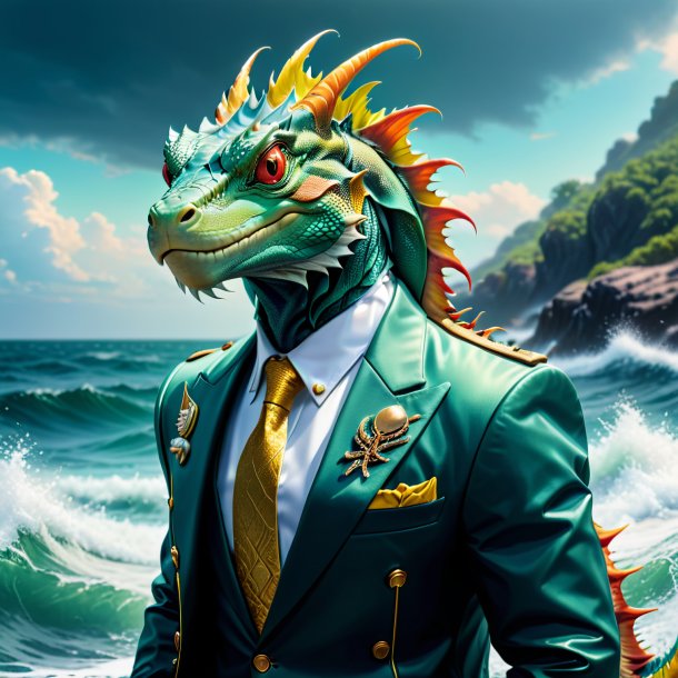 Photo of a basilisk in a jacket in the sea