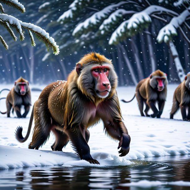 Pic of a swimming of a baboon in the snow