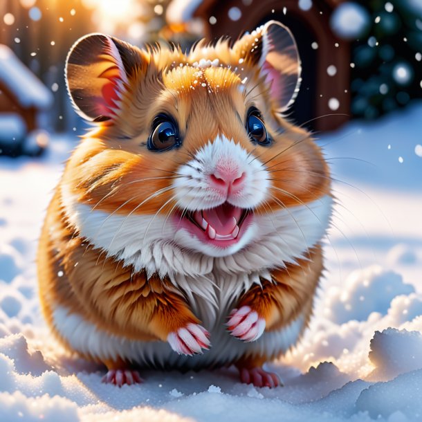 Picture of a smiling of a hamster in the snow