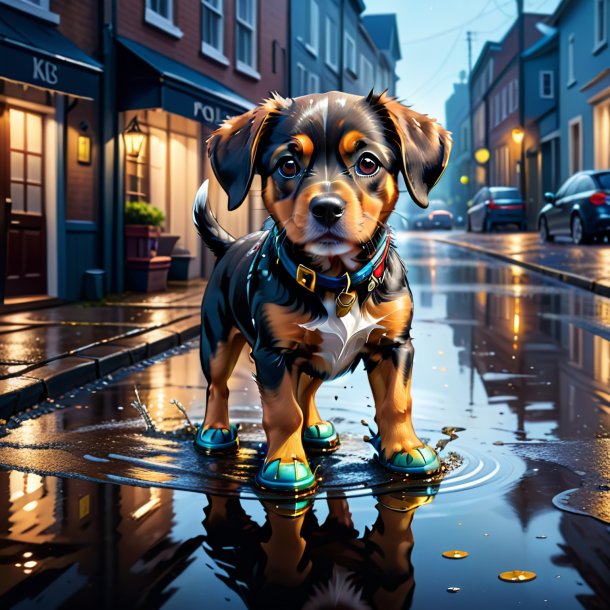 Illustration of a dog in a shoes in the puddle